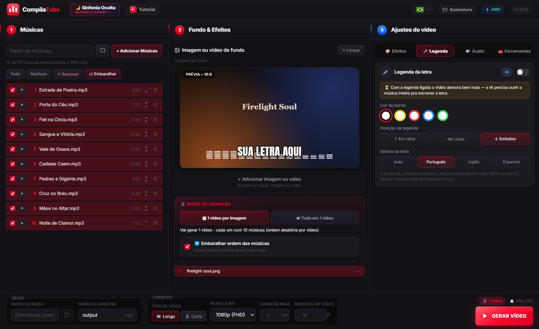 Legenda automática da letra no CompilaTube com cor, posição e idioma