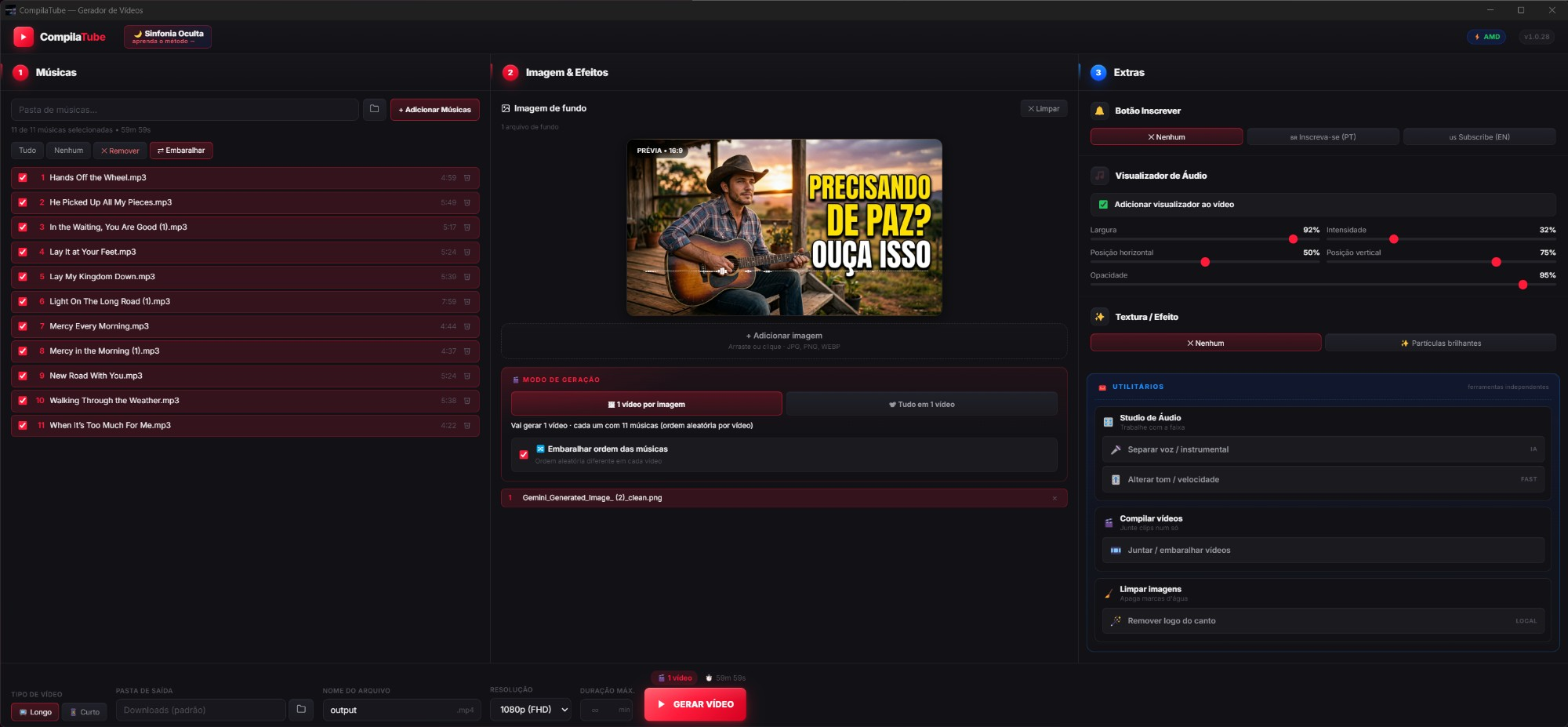 Tela principal do CompilaTube: músicas, imagem e efeitos